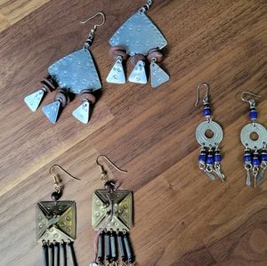 Three Pairs of Pierced Drop Earrings - metal, beaded, coin